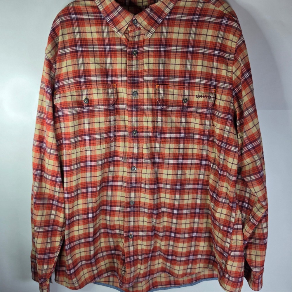 Orvis Flat Creek Tech Flannel Shirt Mens XL Active Fit Orange Plaid Long Sleeve